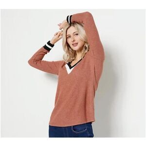 Susan Graver Weekend Top ~Brushed Waffle Knit Stripped Rib Trim Brown XS A467189